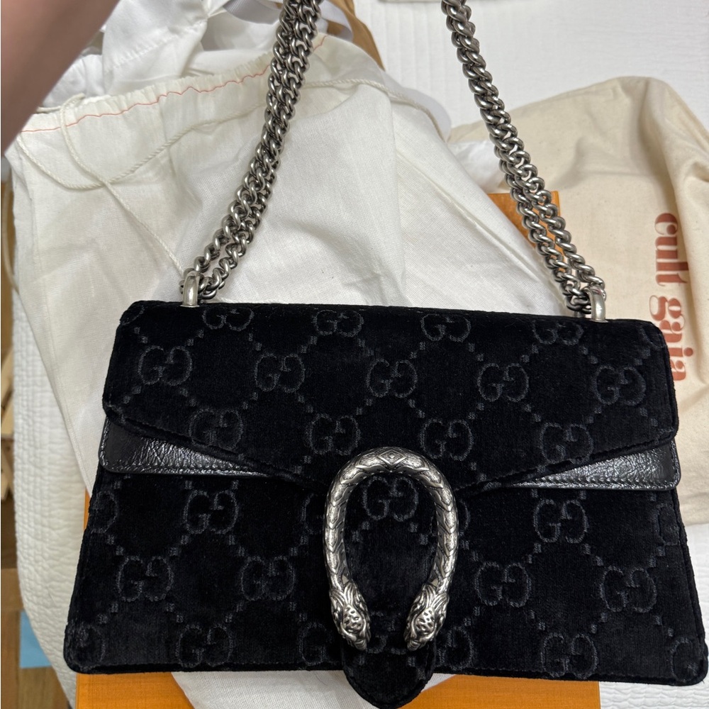 Gucci Black Velvet Shoulder Bag with Silver Accents
